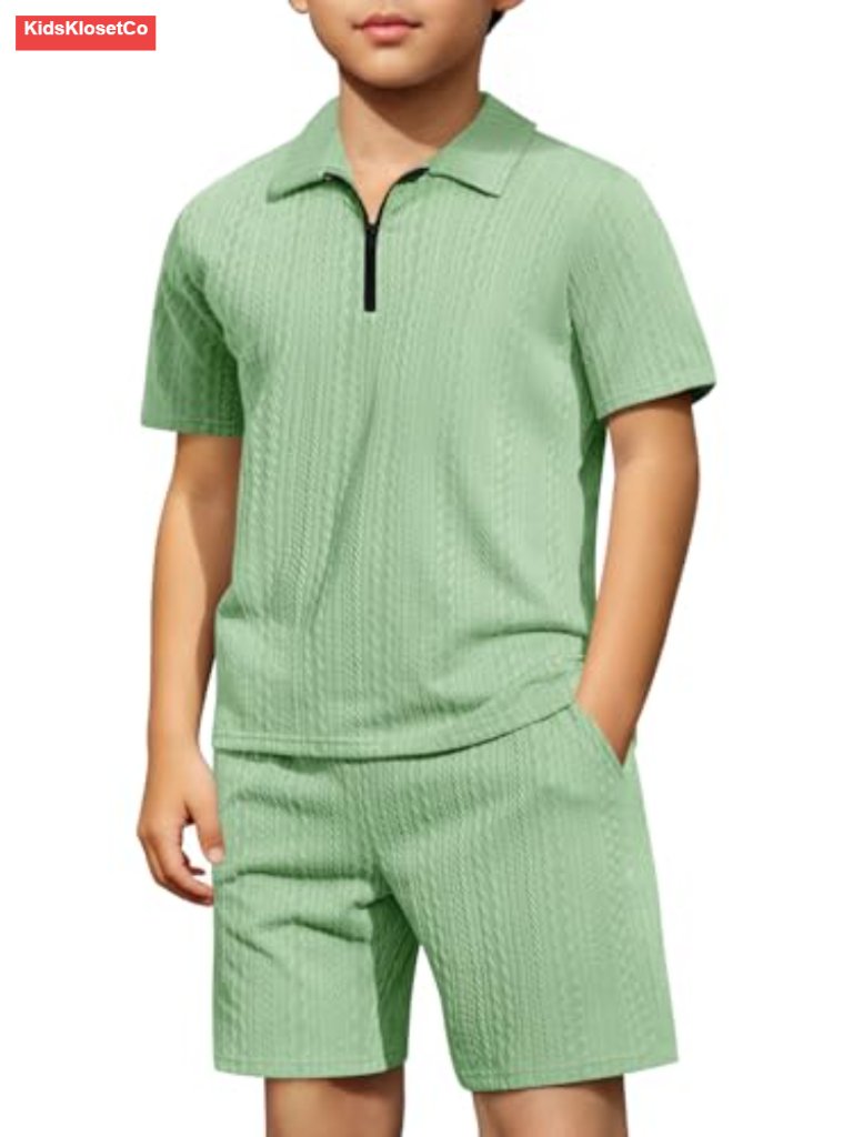Boys 2 Piece Summer Outfits Quarter Zip Polo Shirt And Shorts Set Athletic